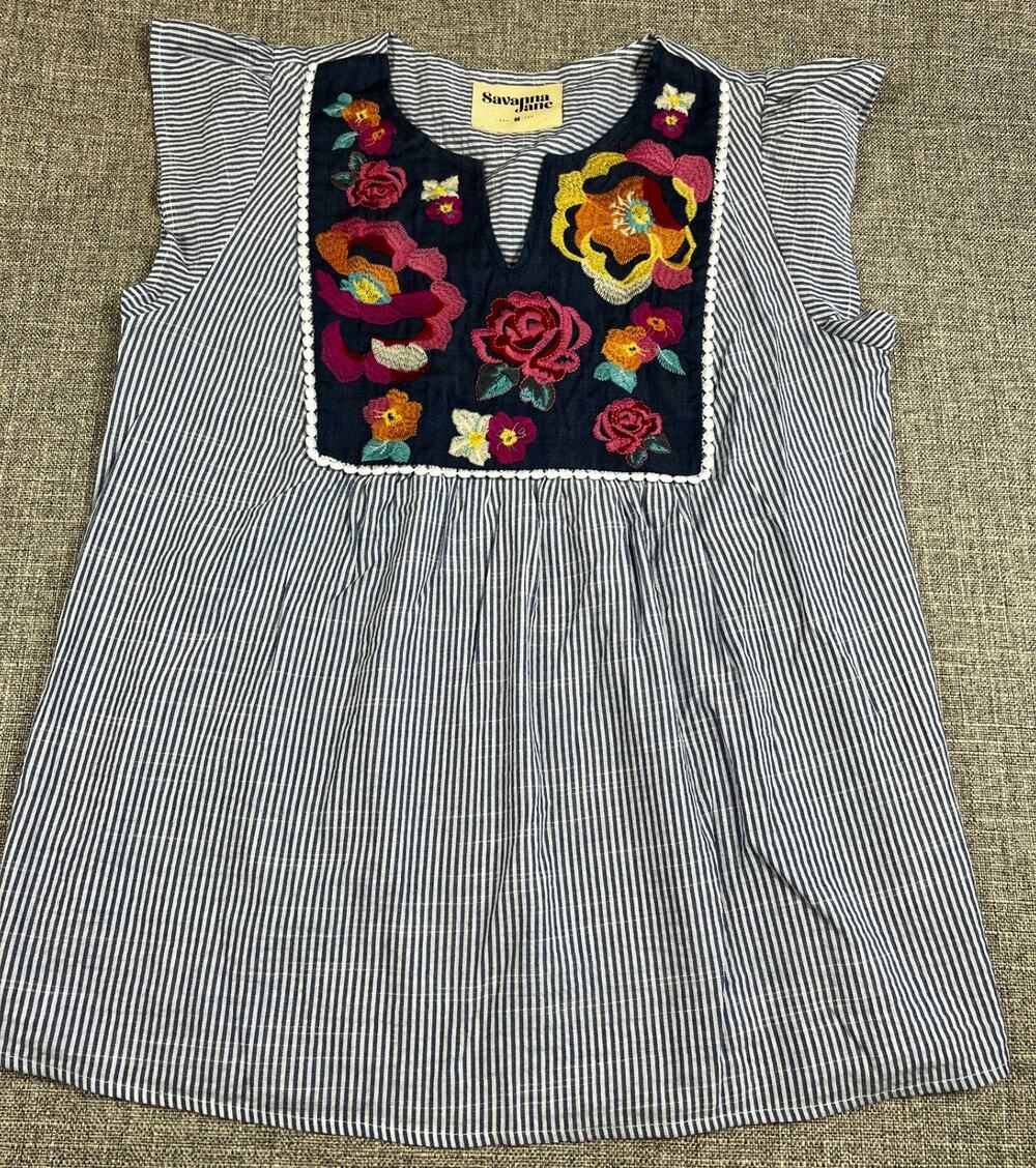 Savanna Jane Women M Embroidered Floral Striped Babydoll Tunic Top Boho